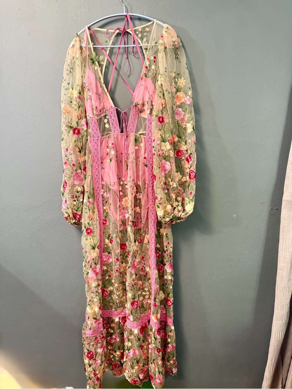 For Love & Lemons Pink Floral Embroidered Maxi Dress